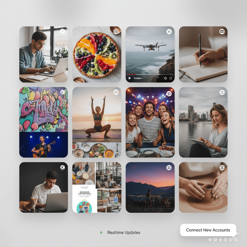 Wand social wall dashboard showing curated social media posts from Instagram, Twitter, and Facebook in a beautiful layout